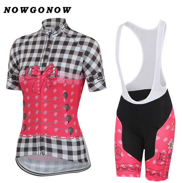 Women cycling jersey set pretty Flowers grid pink clothing bike wear girl lady pro road mountain Triathlon NOWGONOW gel pad bib shorts