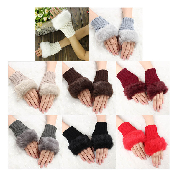 Women gloves Stylish Half Finger warmer winter Gloves Arm Crochet Knitted Rabbit Hair Mitten Warm Rhombus Artificial gloves C00953