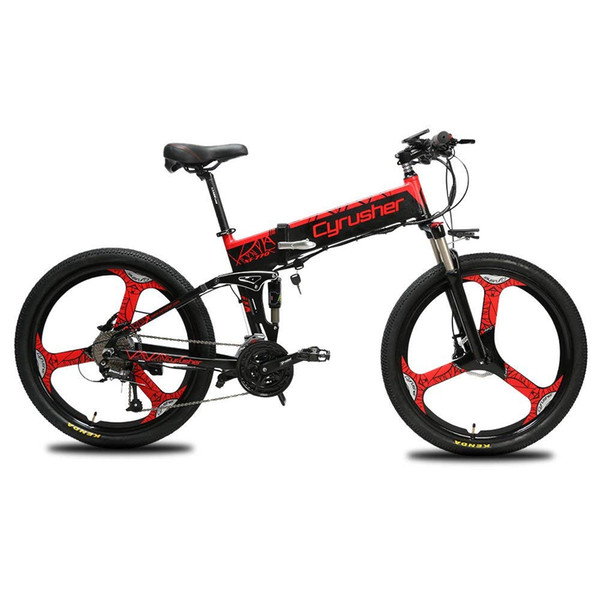 Cyrusher Red New XF770 Full Suspension Mountain Folding Electric Bike 27 Speeds Double Disc Brakes 250 Watt 48V 10ah Ebike