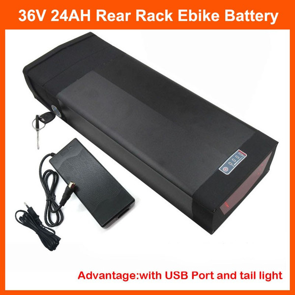 1000W 36V Electric Bike lithium battery 36V 24AH Rear rack battery with 5V USB Port 30A BMS 42V 2A charger free shipping