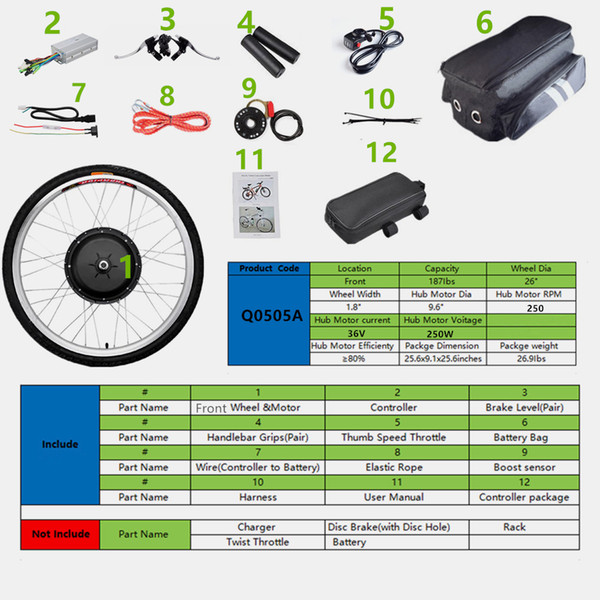 CBSEBIKE Front Wheel Brushless Toothless 36V250W Mountain Bike Bicycle Electric Bicycle converted 26 inch motor conversion kit