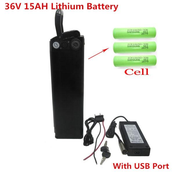 36V 500W Ebike battery 36V 15AH lithium battery Use for samsung cell with USB Port 42V 2A charger and BMS Bottom discharge