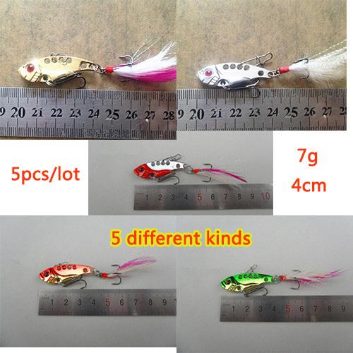 High quality 5pcs(5kinds)/lot 7g 4cm metal fishing lure vib bait kit Fish sequins with enhanced pin perch bait