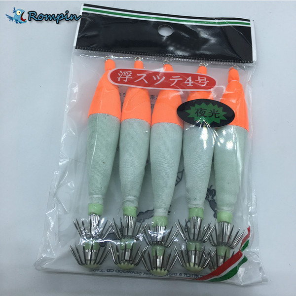 Rompin 5pcs/lot Luminous Squid hook With Treble Hooks Snaps Isca Artificial Pesca Fishing Lures wood shrimp