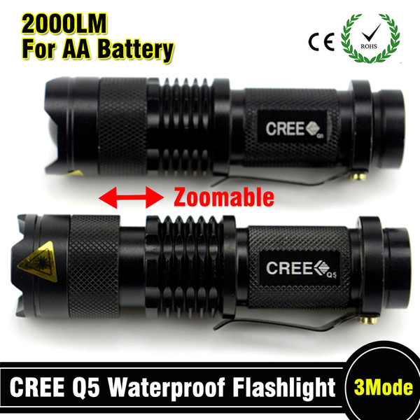 2018 Mini LED Torch 7W 2000LM CREE Q5 LED Flashlight Adjustable Focus Zoom flash Light Lamp free shipping 3Modes