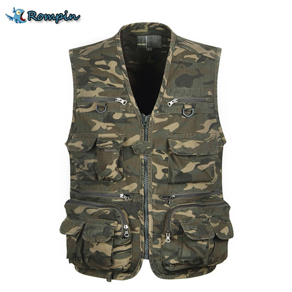 Rompin big size Fishing Vest Outdoor Sleeveless Jackets Coats Camping Fishing camouflage army Vests Mulit pocket fly Sea Fishing