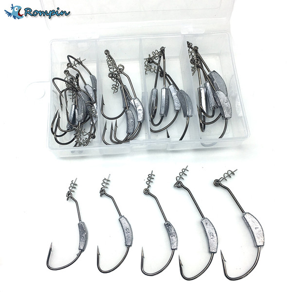 Rompin 25pcs Barbed Lead Offset Fishing Fishhooks with Soft Worm Spring Lock Pin Fishing Hooks Fishing Accessories Tackle Box