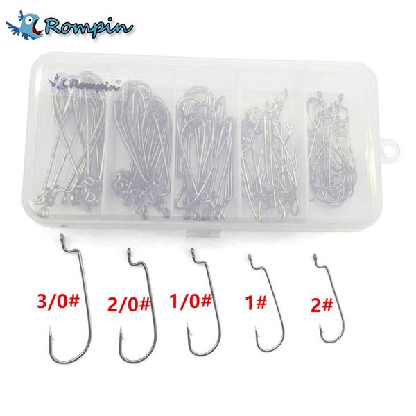 Rompin 100pcs/box mix size Sea Fishing Hook High-Carbon Steel Wormhook Crank Hook Soft Bait Long Jigging Hooks 3/0#-2#