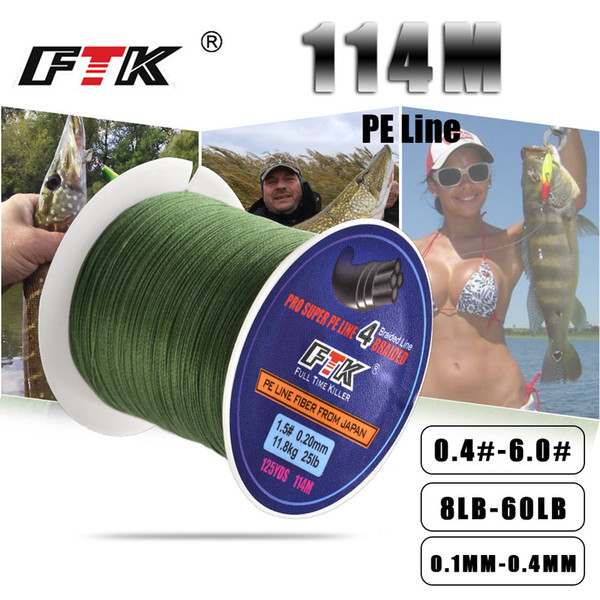 FTK 114M Braided Wire PE Braided 0.4#-6.0# Code 4 Strands 8-60LB PE 0.1-0.4mm Multifilament Fishing Line for Saltwater