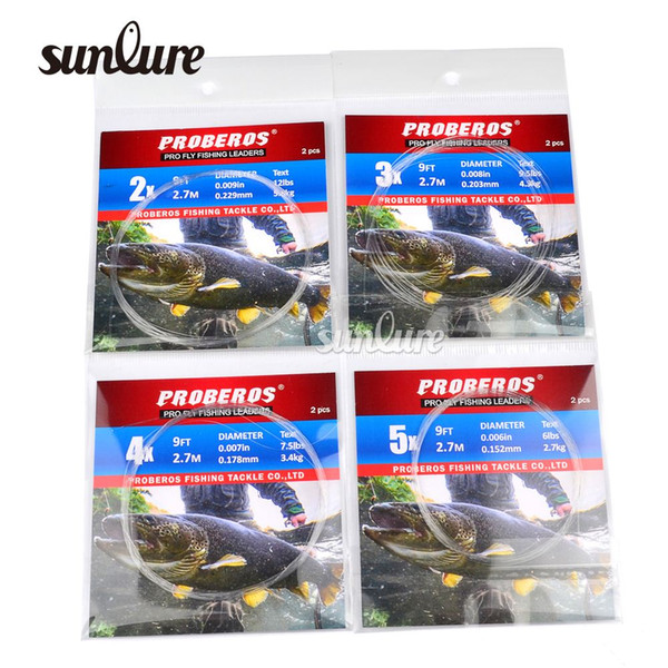 q0205 PROBEROS 2 Pieces Tapered Leader Fly Fishing Line 9FT 0X-6X Nylon Fly Fishing Leader Clear