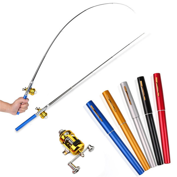 Free shipping HOT Mini Portable Aluminum Alloy Pocket Pen Shape Fish Fishing Rod Pole With Reel 6 Colors Wholesale