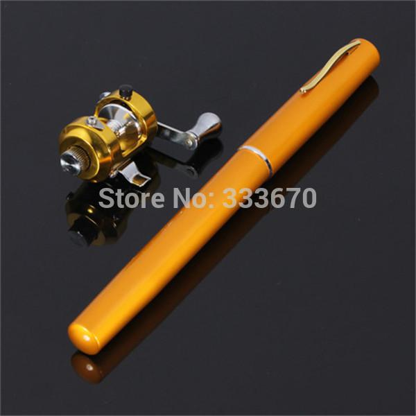 Wholesale-2015 New Golden Vara De Pesca Mini Aluminum Pocket Pen Fishing Rod Pole + Reel Sea Fishing Rods Tackle Tool Free Shipping