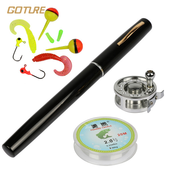 Wholesale- Goture Mini Pocket Ice Fly Fishing Reel and Rod Combos Set Aluminum Alloy Pen Fishing Pole Saltwater Freshwater Extended 1.34m