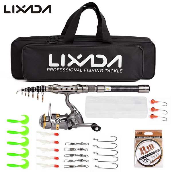 spinning rod combos Lixada Telescopic Fishing Rod Combo and Full Kit Spinning Fishing Reel Gear Organizer Pole Set with 100M