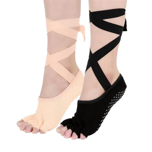 Lace Up Yoga Socks Half Toe Toeless Grip Dancing Socks for Women Anti Slip Silicone Dots Elastic Ribbons