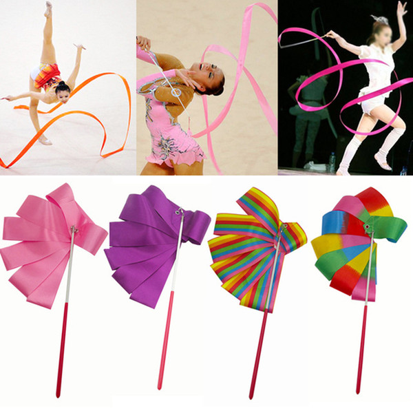 4M Colorful Gym Ribbons Dance Ribbon Rhythmic Art Gymnastic Ballet Streamer Twirling Rod Stick For Gym Training Professional 4 Meters