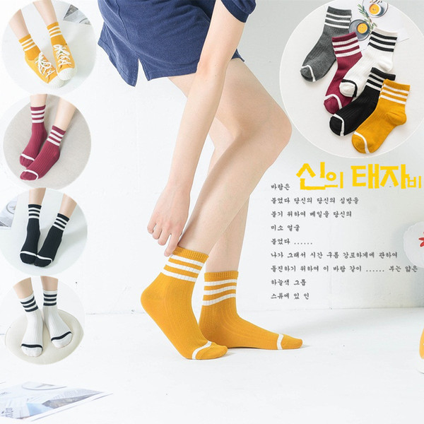 5 pairs of women socks three bars vertical stripes cotton socks retro school wind sports socks manufacturers wholesale