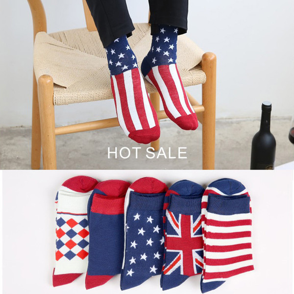 5 Pairs/Lot 2017 New Fashion Flag Design Comfortable Cotton Blended Socks 1Pair American UK Flag Printed 5 style cute Men Winter Casual Sock