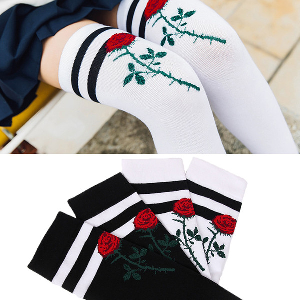 Wholesale - Europe and United States Popular Parallel Bars Lengthening Socks Fashion Stripes Roses Embroidered Women Sexy Sports Stockings