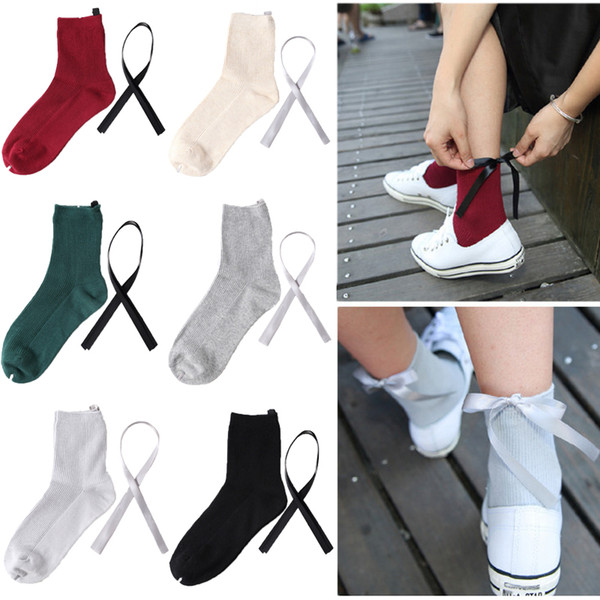 Popular style Autumn and Winter socks Wholesale Combed cotton Bow knit stockings each pair of socks 2 Ribbon Two styles