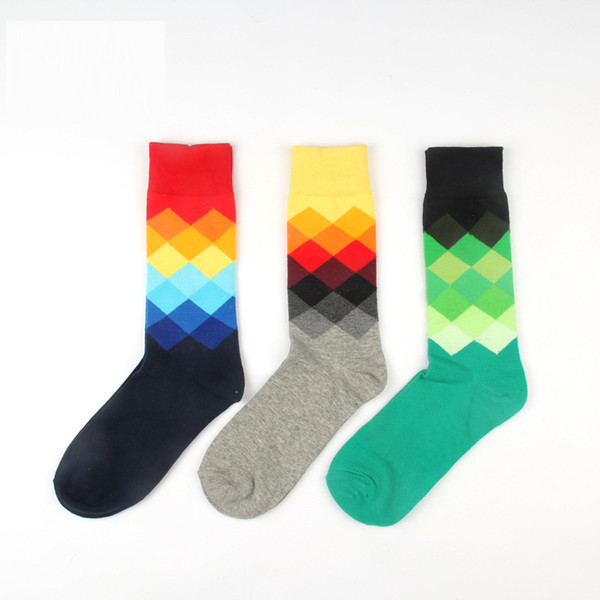 Lucidity Cotton Fashion Mens Socks Color Colorful Diamond Socks Man Casual In Tube Male Happy Sock (Suitable 39-45)