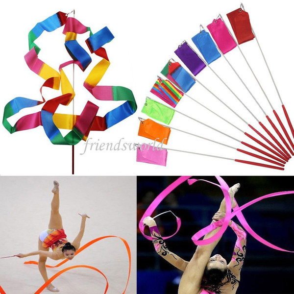 New 4M Gymnastics Colored Ribbon Gym Rhythmic Art Ballet Dance Ribbon Streamer Twirling Rod Stick Multi Colors Free Shipping