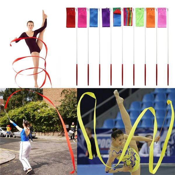 New 4M Gymnastics Colored Ribbon Gym Rhythmic Art Ballet Dance Ribbon Streamer Twirling Rod Stick Multi Colors Free Shipping