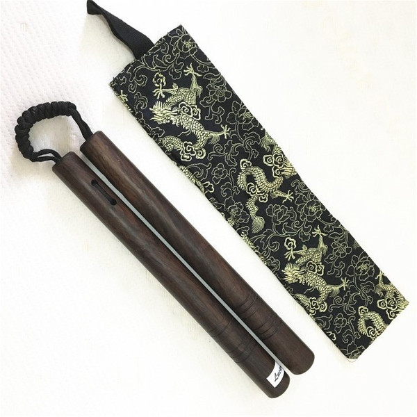 Retail/wholesale wooden nunchakus ebony wood rope diamond knot wood rope two section stick nunchaku combat nunchuck with bag free shipping