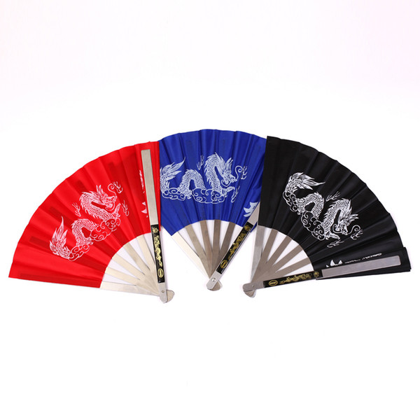 New Chinese Kung Fu Fan Wushu Dragon Stainless Steel Frame Tai Chi Martial Arts Dance Practice Performance 3 Color Optional