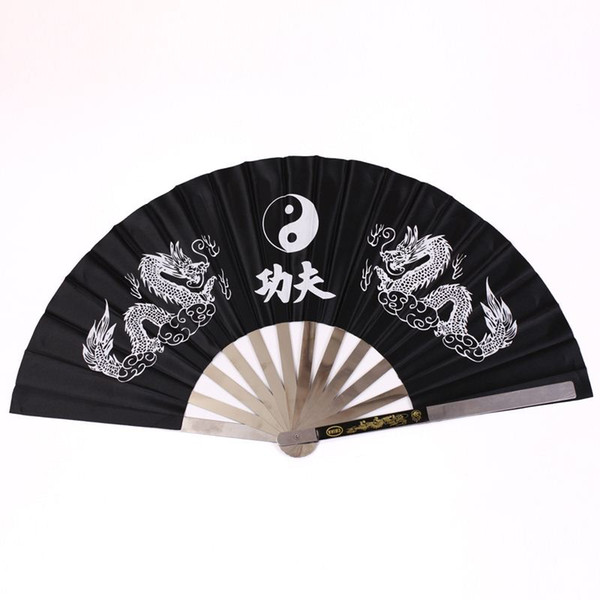 New Chinese Dragon Stainless Steel Frame Tai Chi Martial Arts Kung Fu Fan Black