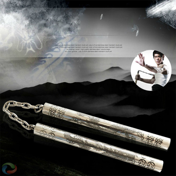 Combined Laser Sculpture Dragon Nunchakus 2 in 1 Combo Short Stick Stainless Steel Nunchucks Self-Defense Non-Slip Actual Combat Nunchaku