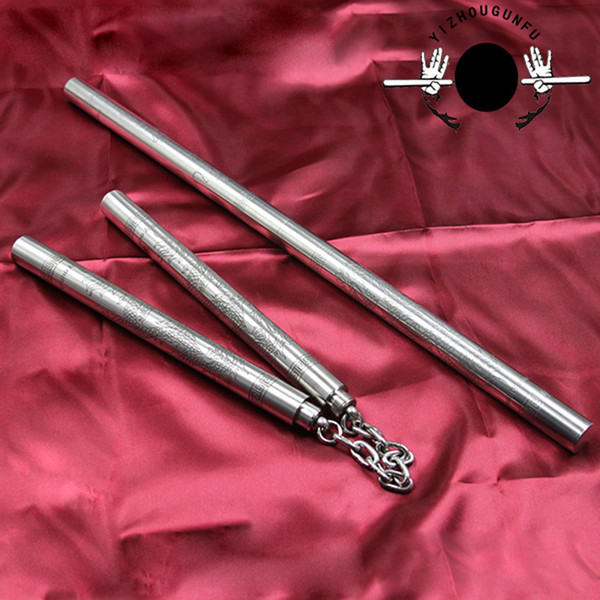 Combo Short Stick Silvery Nunchakus 2 in 1 Combined Carving Dragon Stainless Steel Nunchucks Self-Defense Non-Slip Actual Combat Nunchaku