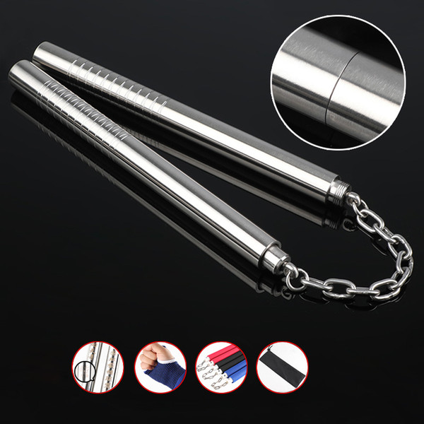 2 In 1 Nunchakus Stainless Steel Stick Self-Defense Nunchaku Non-Slip Actual Combat Nunchucks Short Stick Silvery Martial Art Supplies