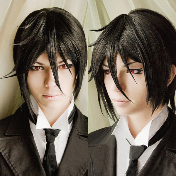 ePacket free shipping >Anime Kuroshitsuji Black Butler Sebastian Michaelis Short Black Cosplay Hair Wig