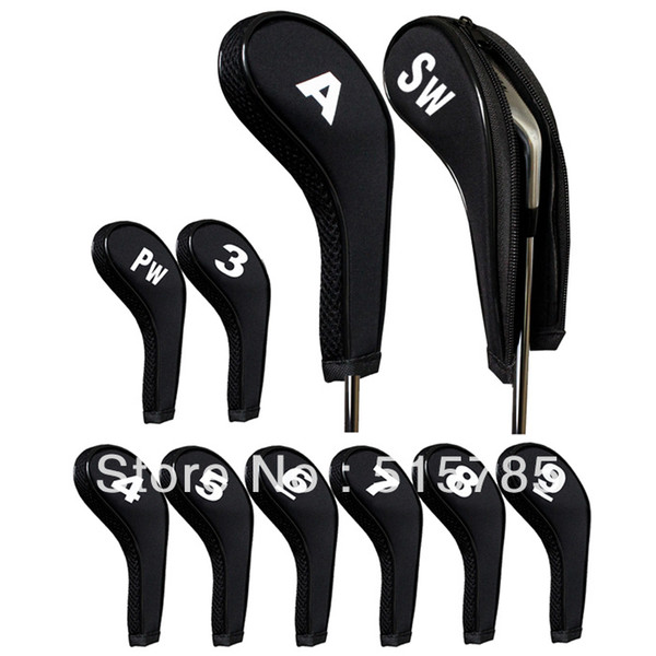 Andux Number Print Golf Iron Covers golf equipment headcover for irons with Zipper Long Neck 10pcs/set Black Mt/w09