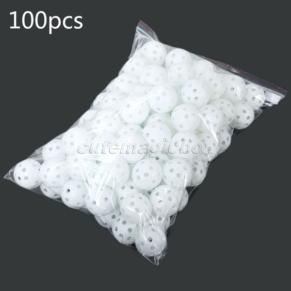 Wholesale- White 100Pcs/Pack Plastic Whiffle Airflow Hollow Golf Balls Practice Golf Balls Training Sports Golf Accessories Aids Tool Clubs