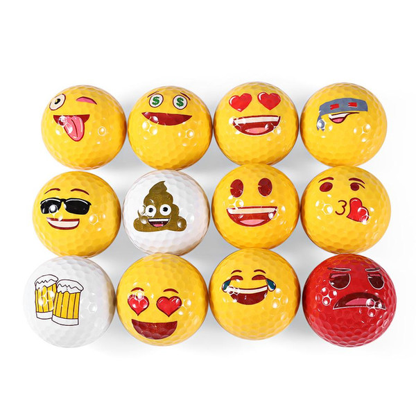 Wholesale-12pcs Emoji Funny Cute Golf Ball Accessory Gift Rubber Surlyn for Golfing Game Training Kids Golfers