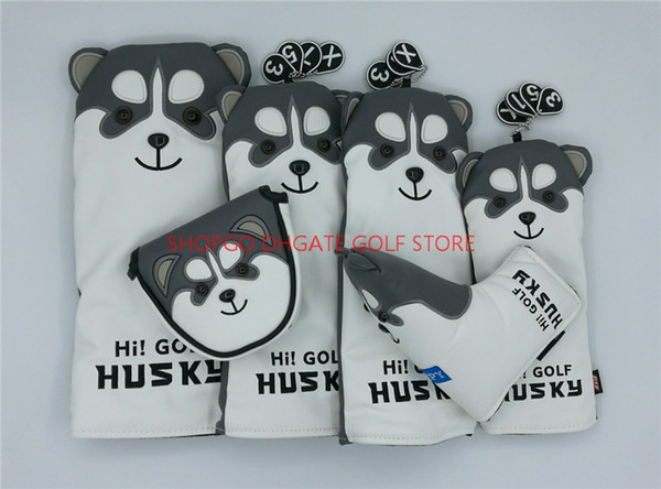 Husky Dog Golf Complete Set Woods Covers Cartoon Animal Golf Driver Hybrid Fairways Putter Covers Mascot Novelty Cue Gift