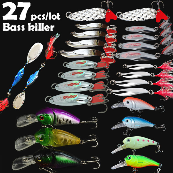 27Pcs Spoon Crank Baits Lure Kit Set Spinner Rock Crankbait Beveling Chamfer Paillette Fishing Lure Stosh Reflective Luminous Bass