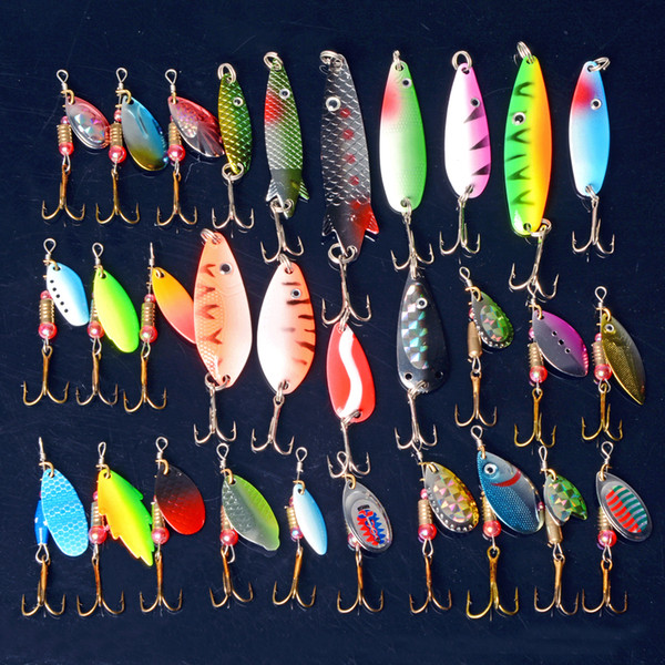 30Pcs/Lot Fishing Lure Spoon Mixed Color Size Weight /Hook /Diving Depth Spinner Metal Lures Hard Bait Fishing Tackle Free Ship