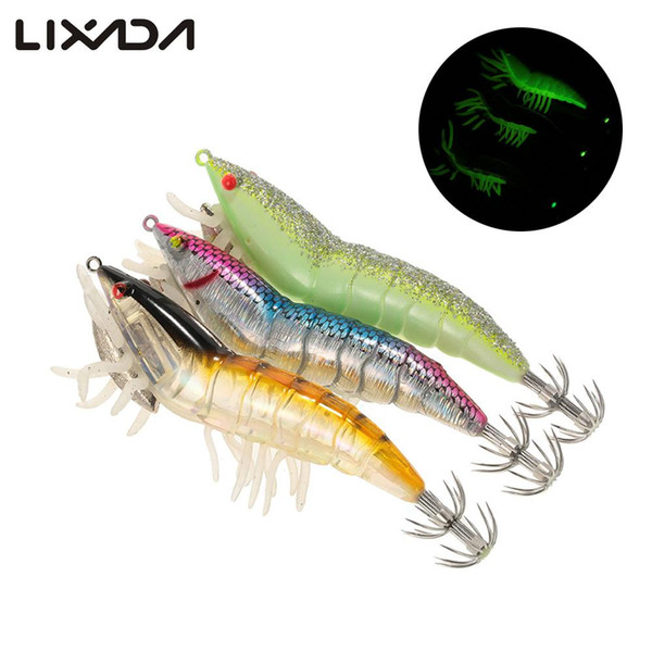 3Pcs Noctilucent Fishing Shrimp Lure Prawn Squid Bait Hard Artificial Fishing Set With Squid Jigs Hook Lead Weighted 12Cm /21G