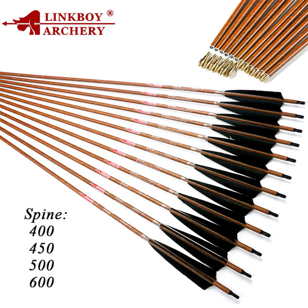 Linkboy Archery Carbon Arrows wood skin Spine 400 450 500 600 5inch turkey feather arrow point 75gr bohning nock for compound bow hunting