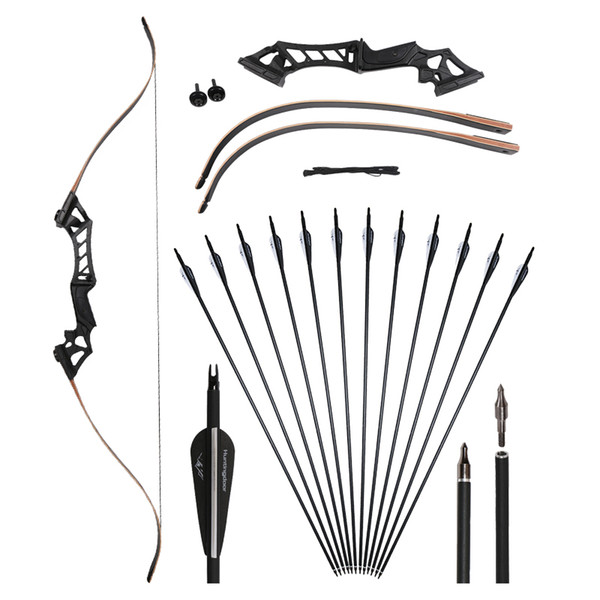 30-50lbs 60'' Archery Takedown Recurve Bow Kit Set Black with 12pcs 31.5'' Carbon Arrow Spine 500-550 Hunting Shooting Targert Practice