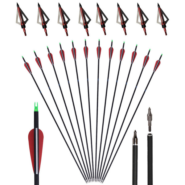 Archery 31'' Carbon Arrows Replacement Screw-in Points Tips + 100Grain Broadhead Arrowheads Kit Set Sharp Hunting Shooting Target