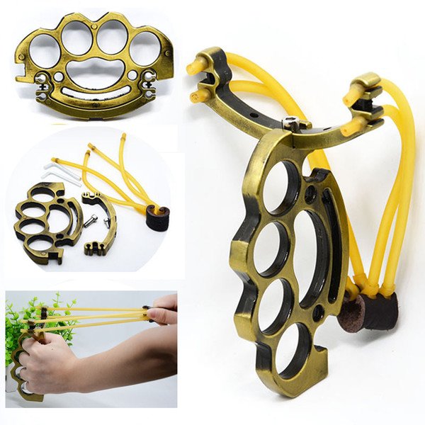 Professional Folding Metal Hunting SlingShot Brass Knuckle Hunting Catapult Outdoor Games Tools with Quality Rubber (Gold)