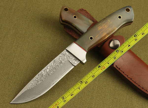 Damascus Bull Buffalo Horn Handle Hunting Knife DKH18