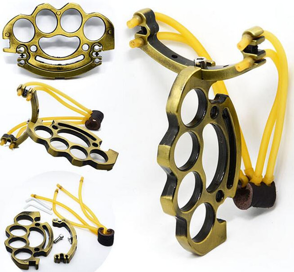 Wholesale professional Folding Metal SlingShot Brass Knuckle Hunting Catapult Outdoor Games Tools with Quality Rubber Band