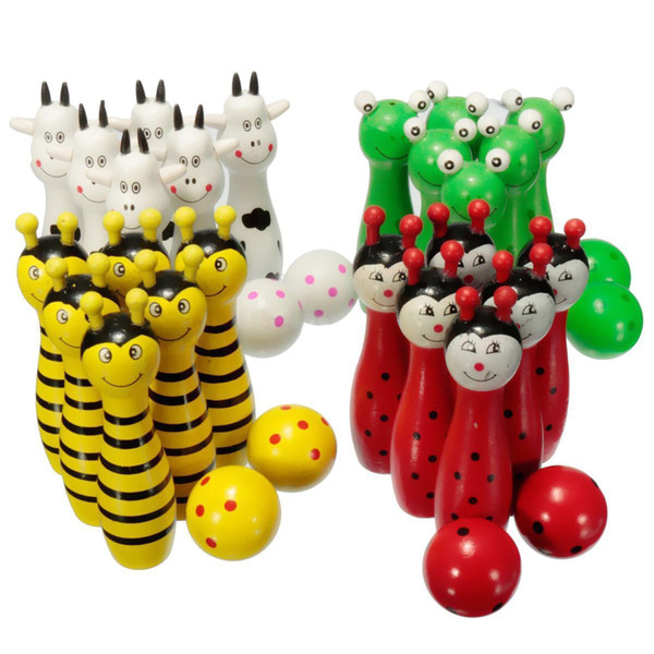 Wholesale- New Sale Wooden Bowling Ball Skittle Animal Shape Game For Kids Children Toy Red+Green+White+Yellow