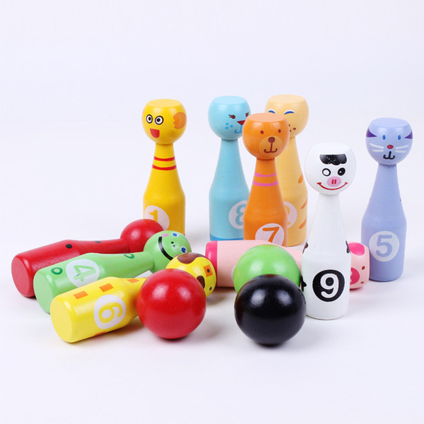Colorful Standard Wooden 10 Piece Bowling +3 Bowling Balls Fun Family Set Creative Animal Shape Mini