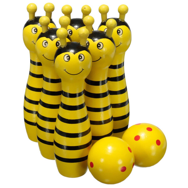 Wholesale- New Sale Wooden Bowling Ball Skittle Animal Shape Game For Kids Children Toy Yellow